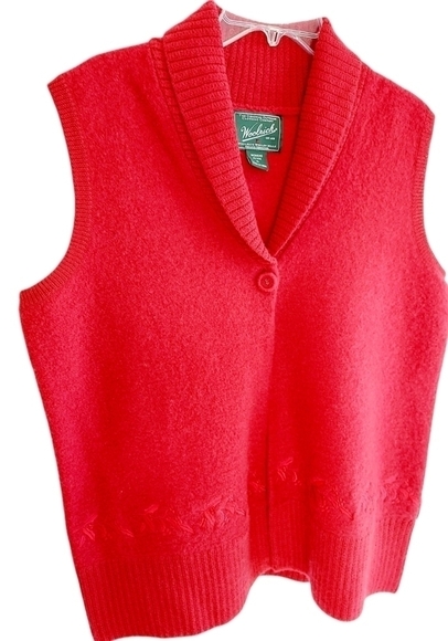 Woolrich women's XL P Wool Red Embroidered Trim Button Shaw Collar Sweater Vest - Picture 1 of 11